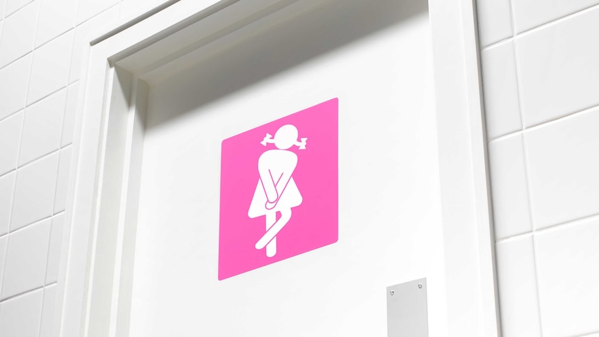 Toilet sign indicating woman needing to urinate.