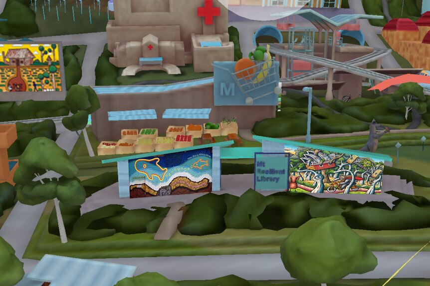 Screen shot of animated town with three artworks on landmarks.
