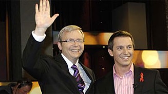 Opposition leader Kevin Rudd appears on TV with Rove McManus in Melbourne, November 18, 2007.