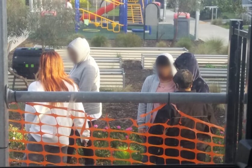 Four people gather outside in hoodies.