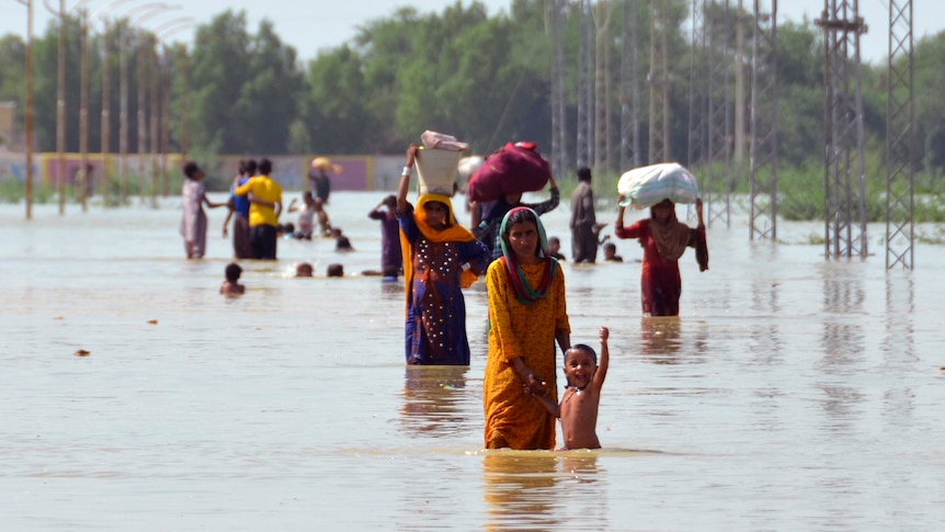 People wade through knee-high flood waters.