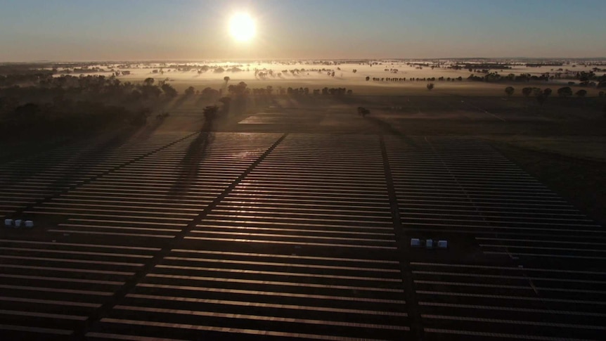 Sun rises over misty paddocks and the Numurkah solar farm