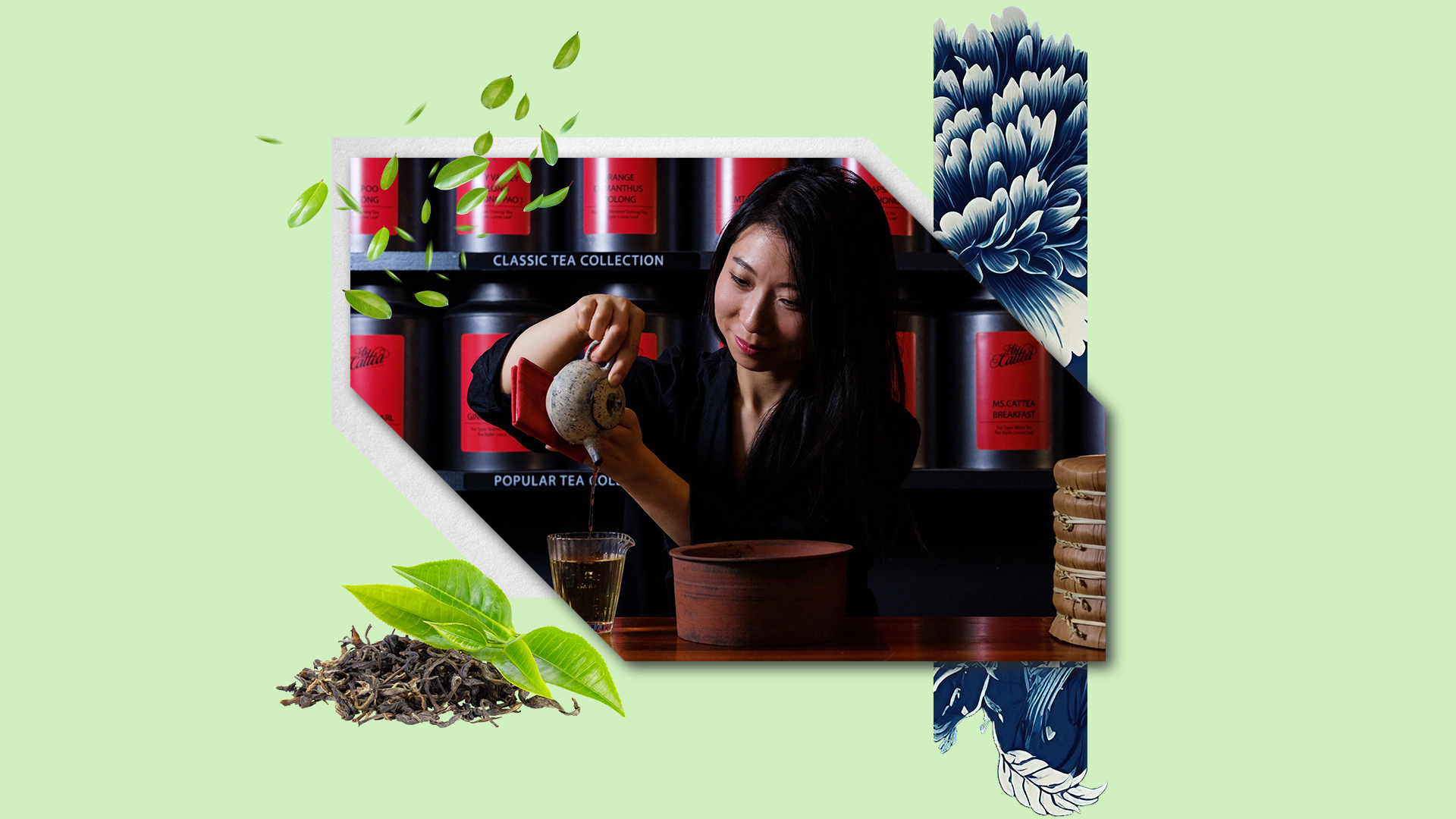 An edited  photograph of tea expert Cathy Zhang preparing tea.