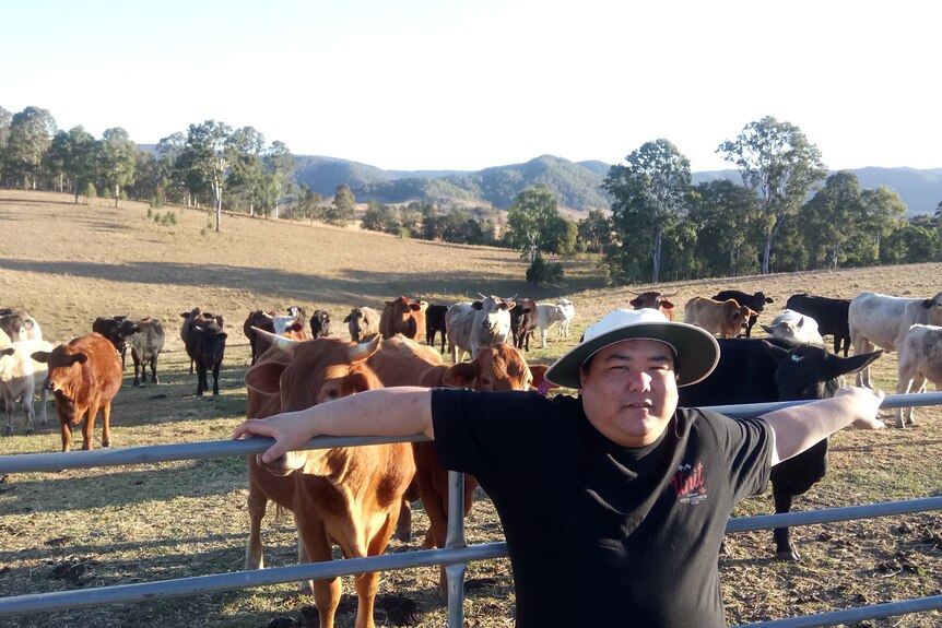 Vegan poet Marcus Ten Low poses at the Conondale property of the Save a Cow Foundation in 2019.