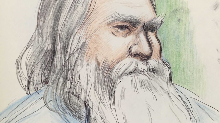 A court artist sketch of a man with long hair and a full bear and moustache.