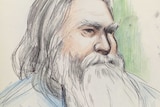 A court artist sketch of a man with long hair and a full bear and moustache.