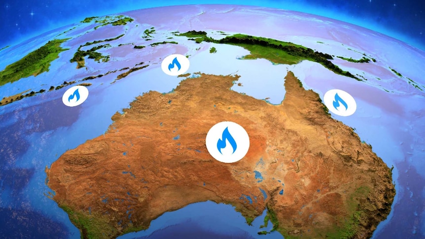 Satellite image of Australia with a few gas symbols overlaid on it.
