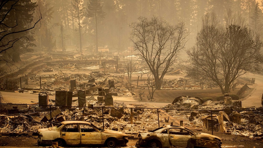 Two burned out cars rest among ruins of homes in Paradise, California, following wildfires