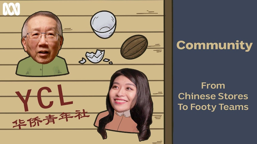 Cartoon image of woman and man, football on left screen, right screen text: 'Community: From Chinese stories to footy teams"