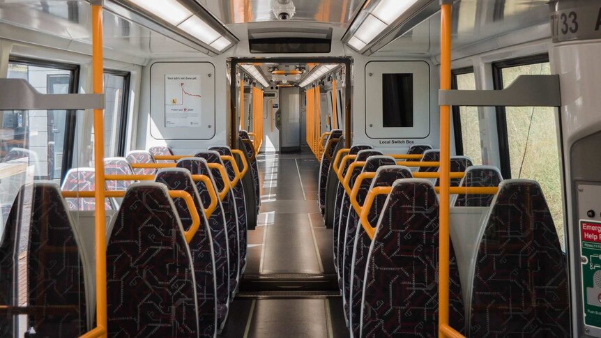 An empty train carriage during the COVID-19 pandemic.