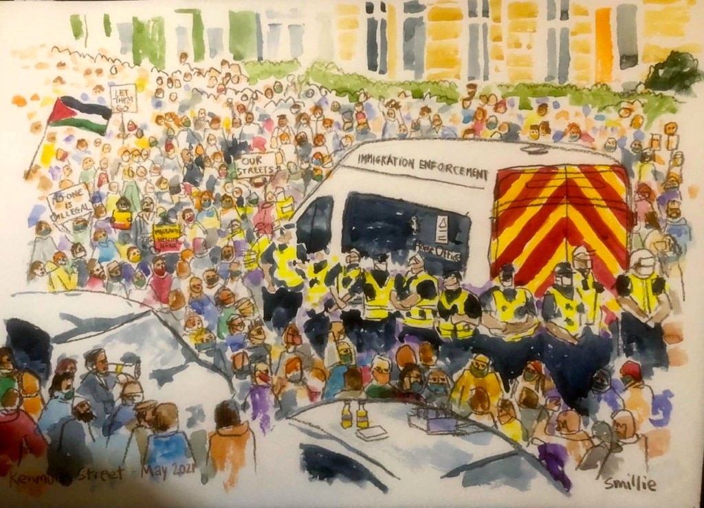a colourful painting depicts a crowd surrounding a police van 