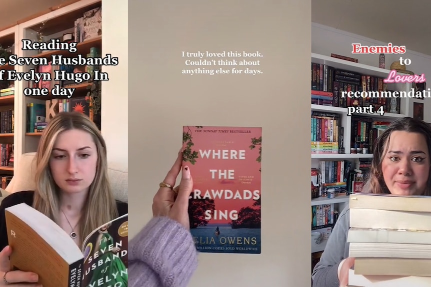 Screenshots from three different TikTok videos where people are holding different books. Some varied text on screen. 