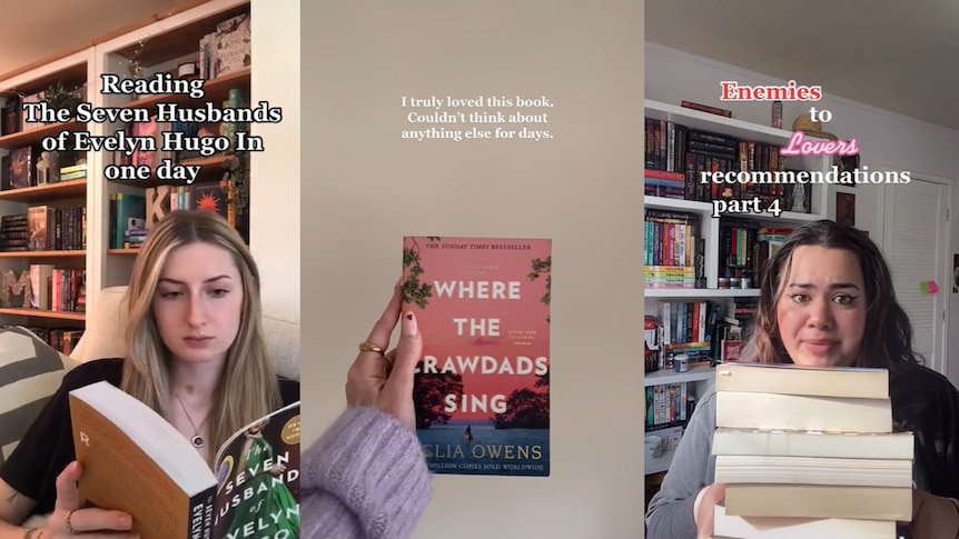 Screenshots from three different TikTok videos where people are holding different books. Some varied text on screen. 