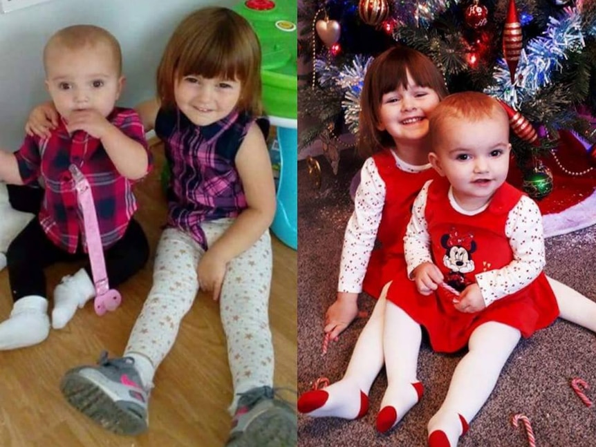Two photos side by side show a toddler and baby sitting together. In one, they are in front of a Christmas tree.