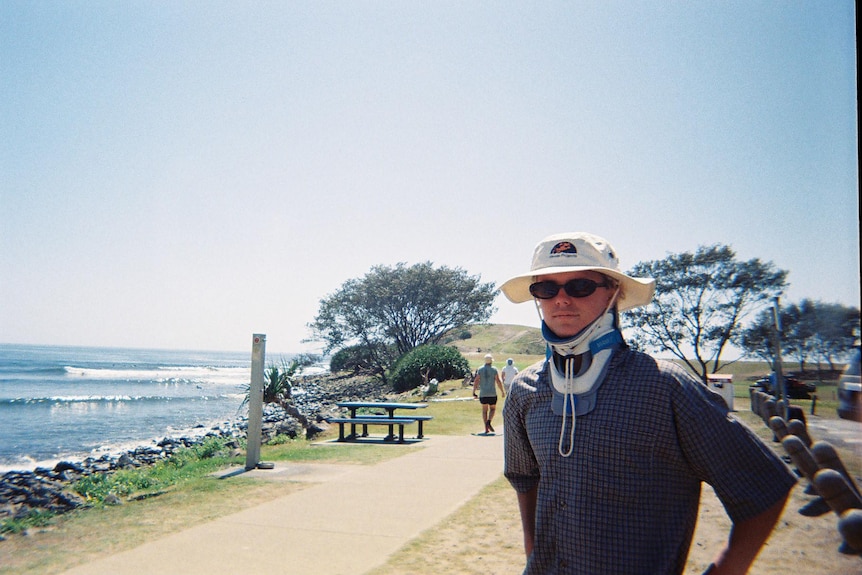 Manning Gregory in a neck brace at Crescent Head NSW.