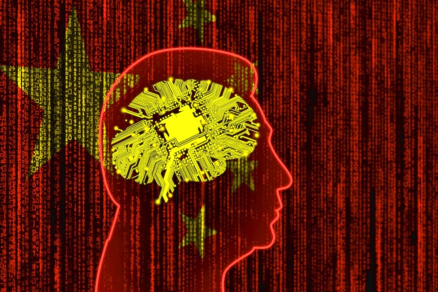 A graphic depicting artificial intelligence, the Chinese flag and an outline of Chinese President Xi Jinping's head