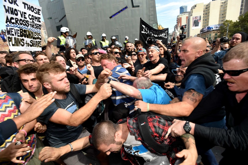 Anti-racist campaigners clash with Reclaim Australia supporters in Melbourne.