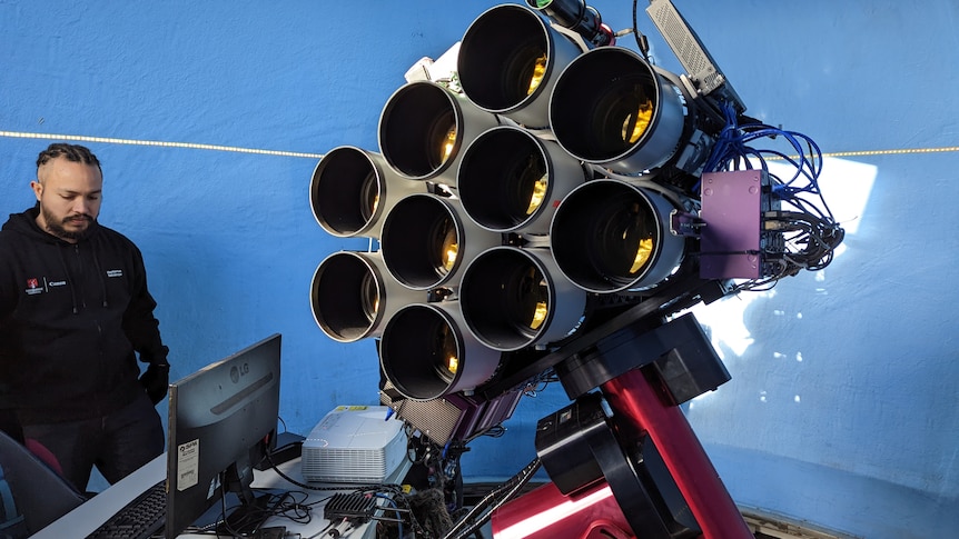 A close up of 10 lenses at the new Huntsman telescope
