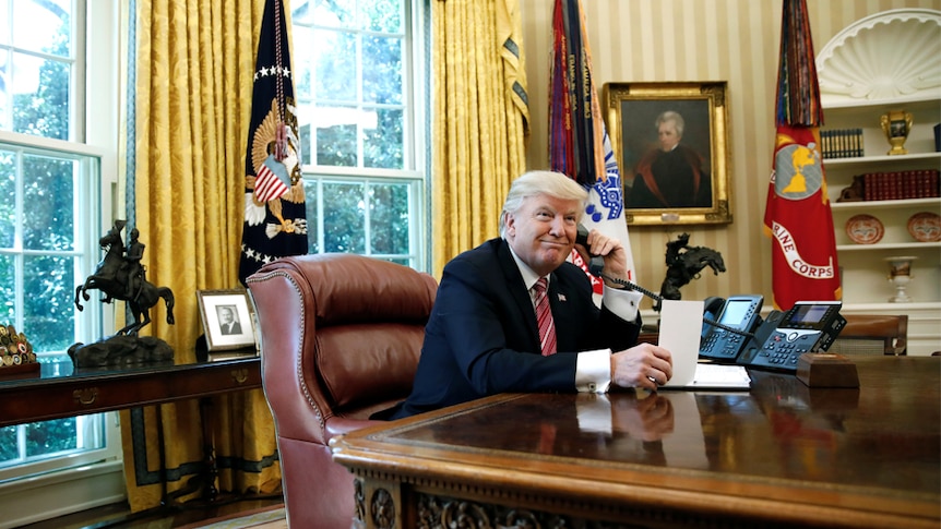 President Trump waits on the line to Prime Minister Leo Varadkar of Ireland to congratulate him for his victory, June 27, 2017.