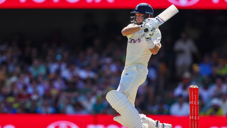 England batter Joe Root completes a pull shot in the first Ashes Test at the Gabba.