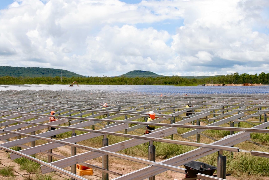 Construction workers building the Lakeland Solar and Storage Project.