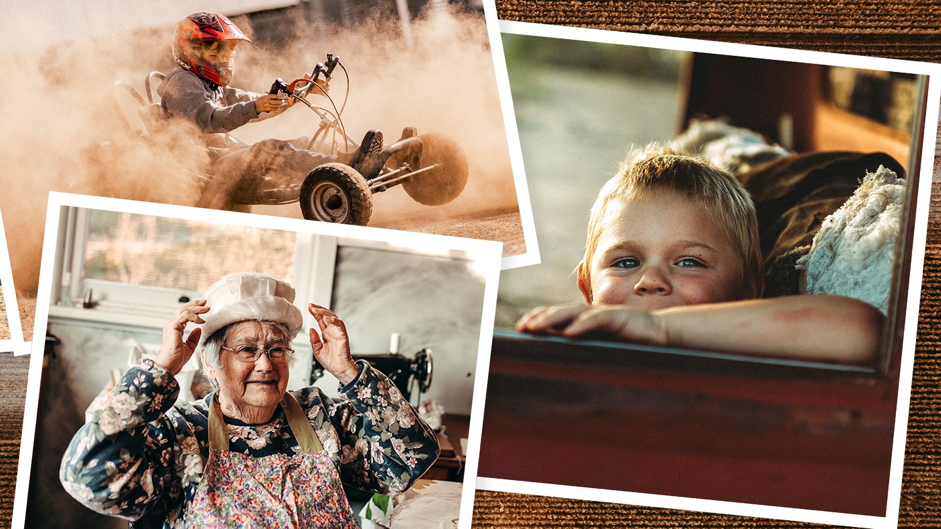 A boy driving a go cart in the dust, an older woman wearing an apron, touching a hat and a boy looking out the window