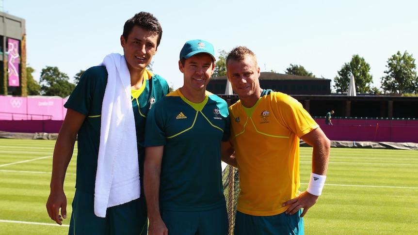 Bernard Tomic, Todd Woodbridge and Lleyton Hewitt at Wimbledon