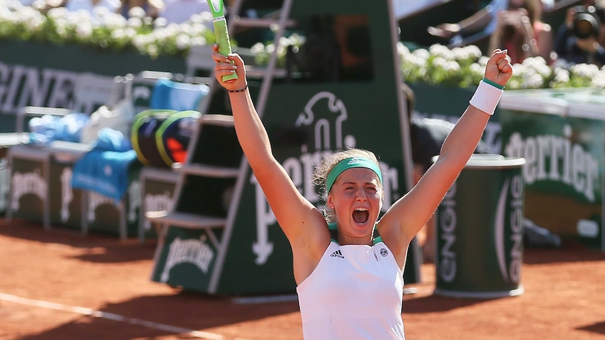 Jelena Ostapenko celebrates her win over Timea Bacsinszky in the French Open semi-final.