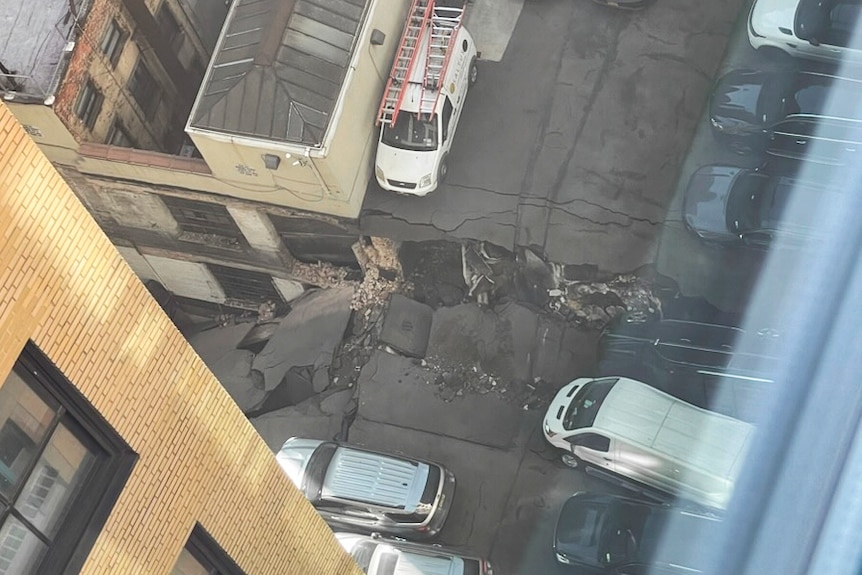Partially collapsed parking garage, shot from above.