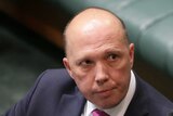 Home Affairs Minister Peter Dutton looks and Leader of the House Christopher Pyne in Parliament