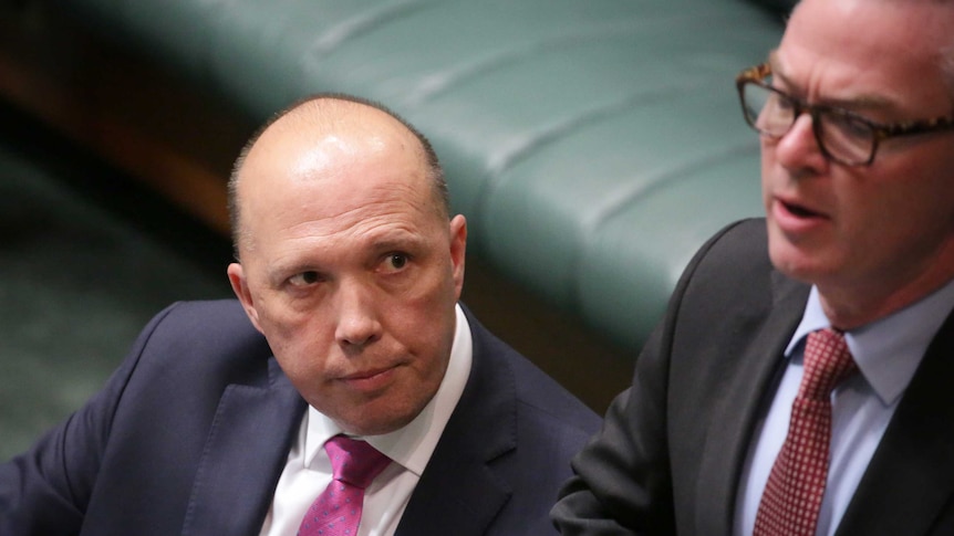 Home Affairs Minister Peter Dutton looks and Leader of the House Christopher Pyne in Parliament