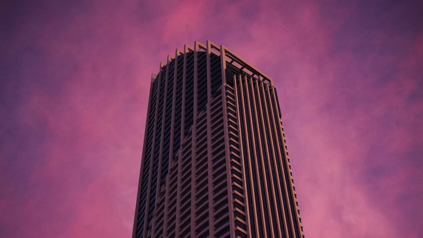 artistic image showing a large high rise tower, bathed in a pink sunset hue