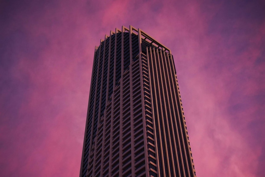 large tower at sunset