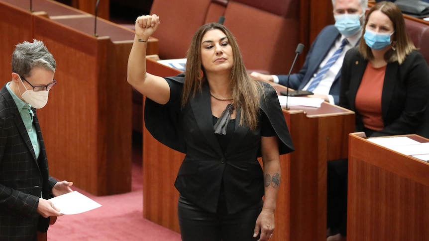 An Aboriginal woman with long hair raises her right fist in the air.