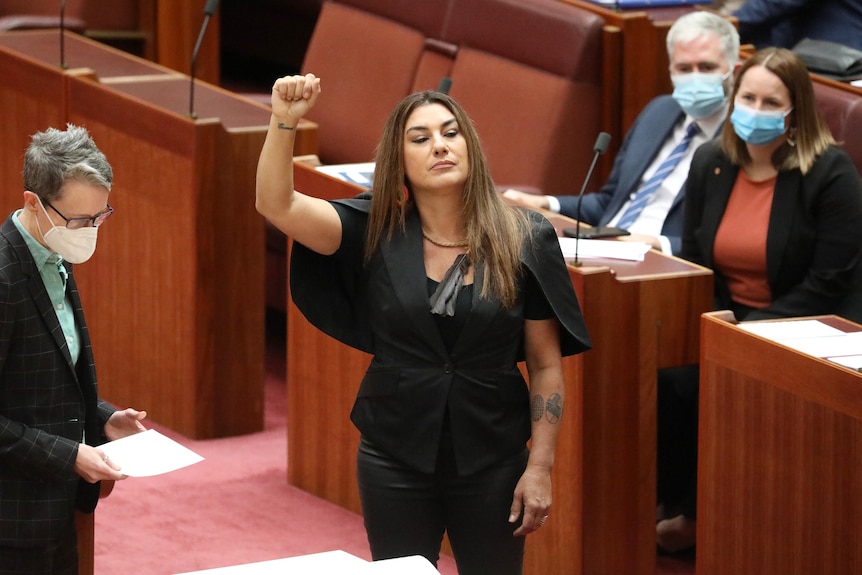 An Aboriginal woman with long hair raises her right fist in the air.