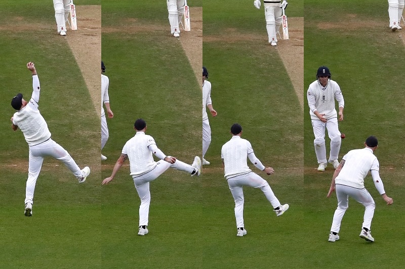 Composite image of Ben Stokes catching and then dropping the ball during an Ashes Test at The Oval.
