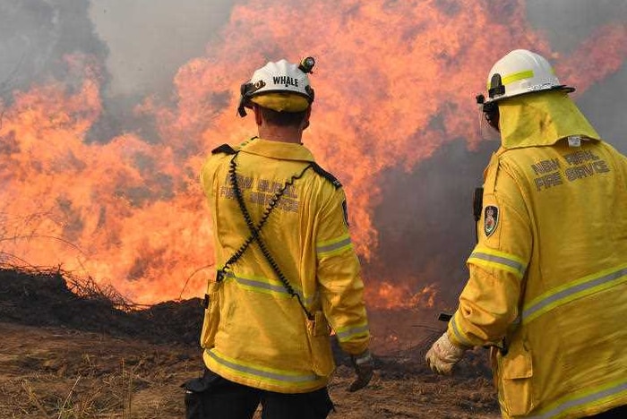 Firefighters look at a large blaze