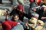 Pro-government supporters, on horses and a camel, clash with anti-regime protesters in Cairo
