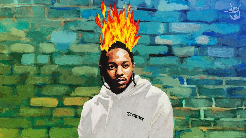 An illustration of a fiery-headed Kendrick Lamar against a brick wall