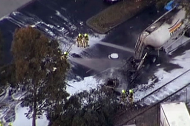 The diesel fuel tank burst into flames after hitting a car and crashing into a tree.