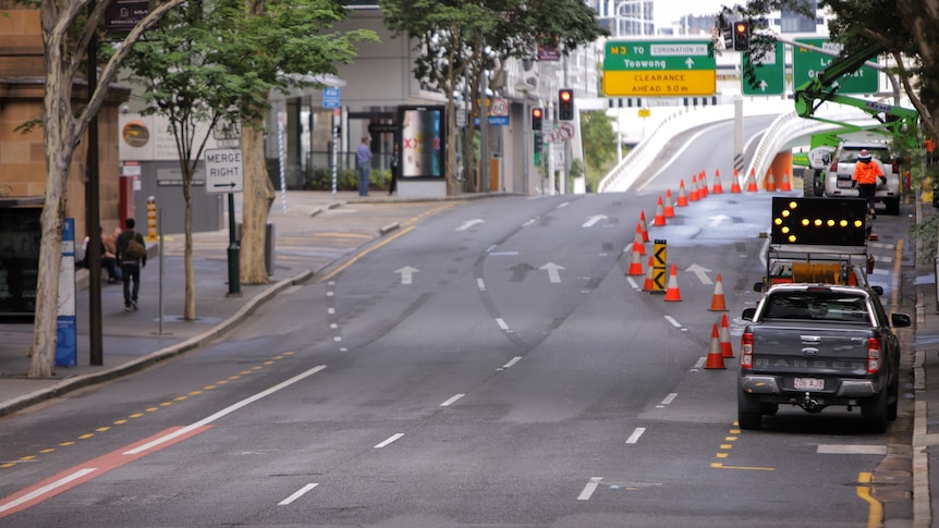 Deserted Ann Street in Brisbane city during COVID-19 lockdown 