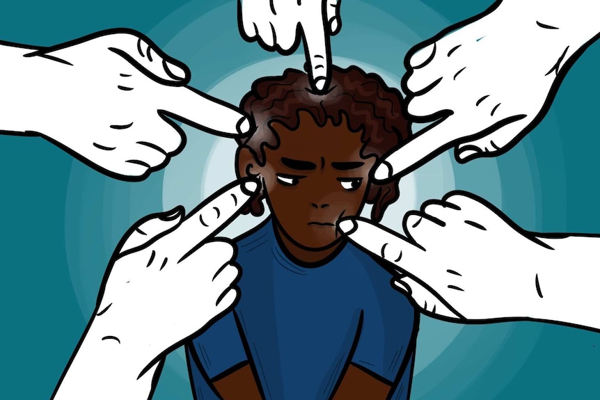 Colourful illustration of hands pointing to a young woman of colour whose facial expression is sad and worried.