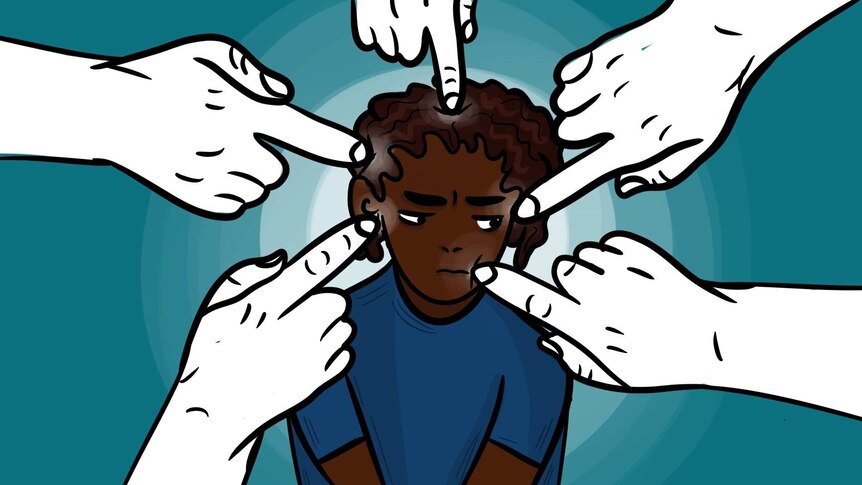 Illustration of hands pointing to a young woman of colour for a story about how racism impacts mental health and wellbeing.