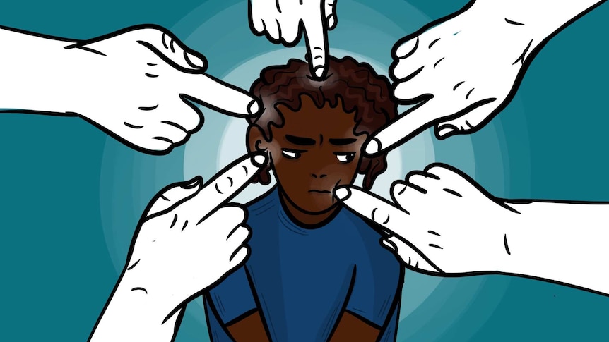 Illustration of hands pointing to a young woman of colour for a story about how racism impacts mental health and wellbeing.