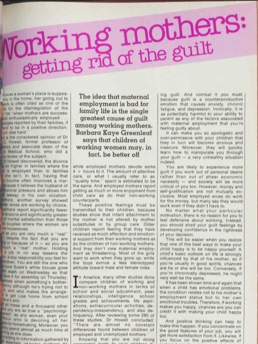 The headline on an Australian Women's Weekly article in 1979 reads 'Working mothers: getting rid of the guilt'
