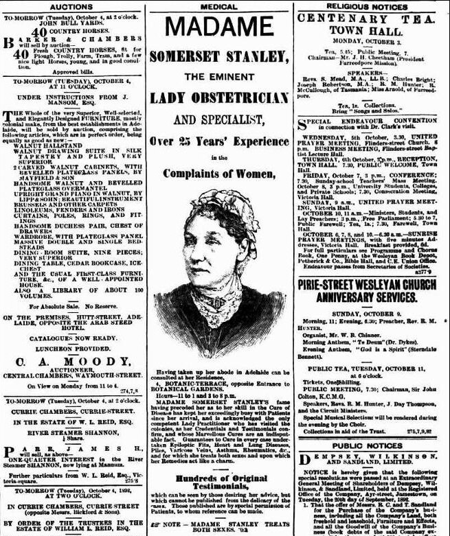 An old newspaper advertisement reading: "Madame Somerset Stanley, the eminent lady obstetrician and specialist'.