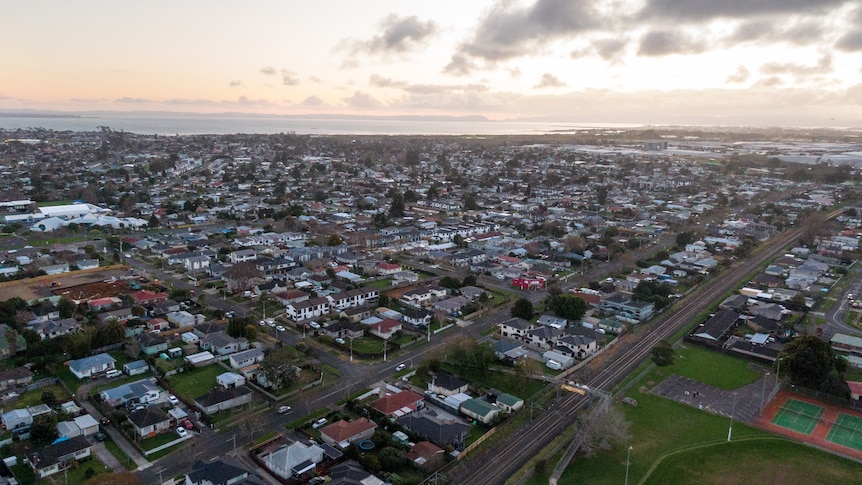 A drone shot shows suburban blocks in South Auckland. 