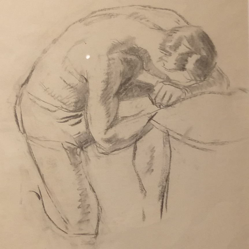 Pencil sketch of man leaning over with his head on his arm.