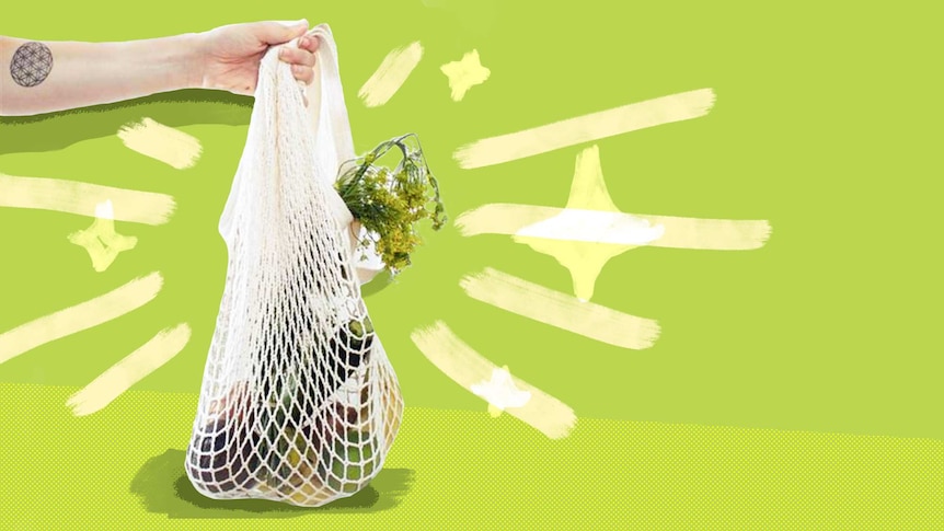 Persons arm carrying a netted reusable bag with fresh produce in it.