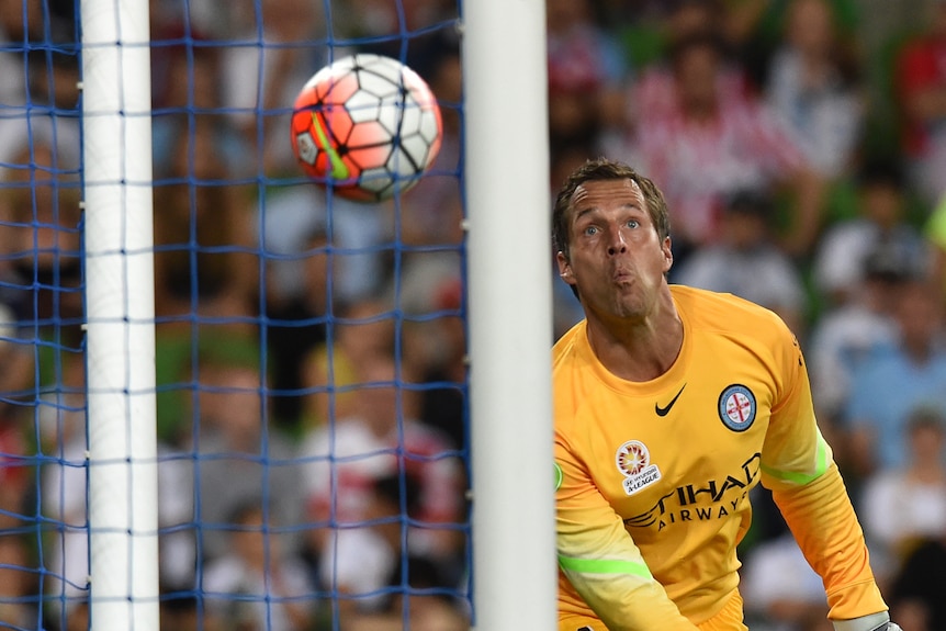 Melbourne City keeper Thomas Sorenson watches a Melbourne Victory goal which was disallowed.